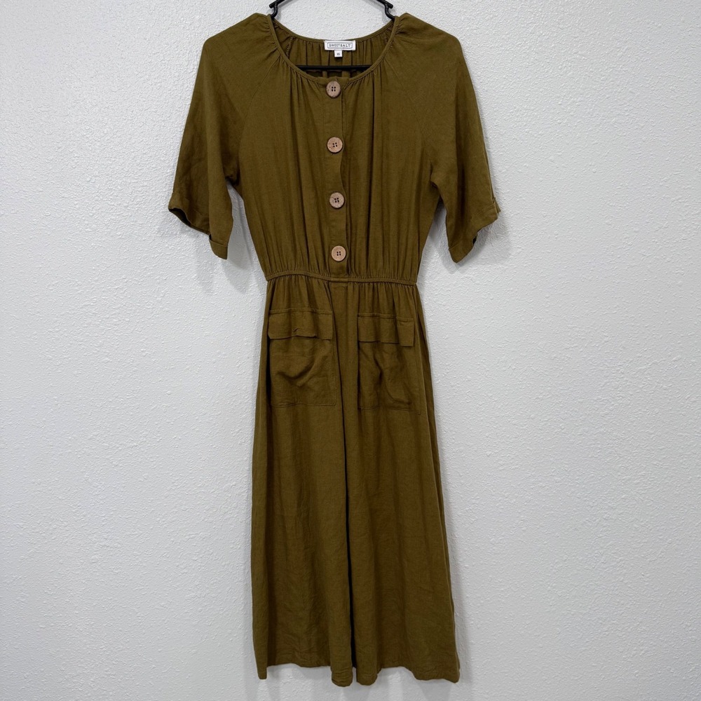 SWEETSALT Olive Green‎ Linen Blend Button Front Midi Dress Elastic Pockets XS